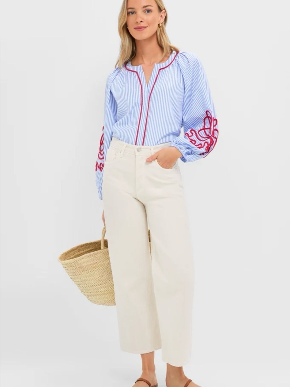 NWT Hyacinth House Tuckernuck Blouse Blue Stripe Red Embroidery Size Large - Picture 3 of 7